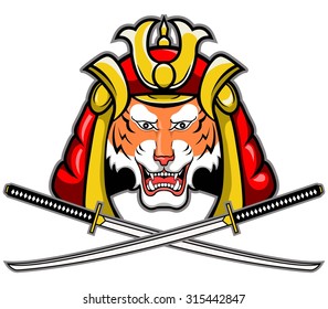Tiger wearing Japan traditional samurai helmet. 