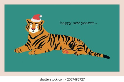 Tiger wearing santa claus hat, greeting card or poster template. Happy new year wishes. Hand drawn vector illustration.