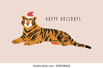 Tiger wearing santa claus hat, greeting card or poster template. Happy holidays wishes. Hand drawn vector illustration.