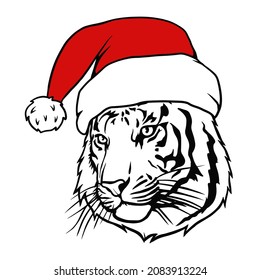 Tiger wearing a santa claus hat. Christmas tiger. Clipart vector illustration