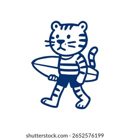 A tiger wearing striped shorts, carrying a surfboard