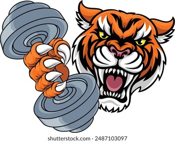 A tiger weight lifting gym animal sports mascot holding a dumbbell weight in his claw