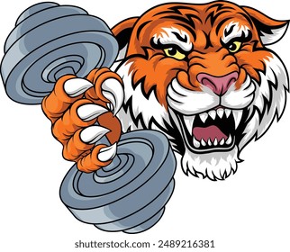 A tiger weight lifting gym animal sports mascot holding a dumbbell weight in his claw