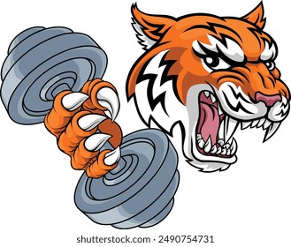 A tiger weight lifting gym animal sports mascot holding a dumbbell weight in his claw