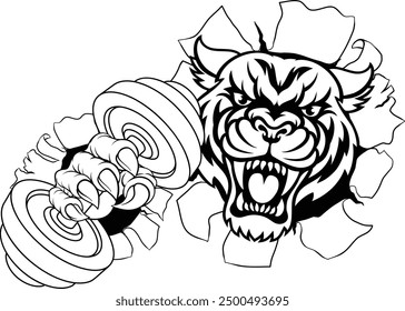 A tiger weight lifting gym animal sports mascot holding a dumbbell weight in his claw