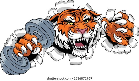 A tiger weight lifting gym animal sports mascot holding a dumbbell weight in his claw