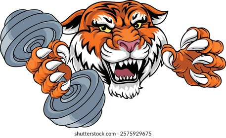 A tiger weight lifting gym animal sports mascot holding a dumbbell weight in his claw