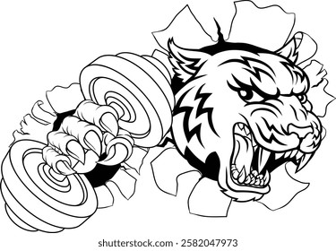 A tiger weight lifting gym animal sports mascot holding a dumbbell weight in his claw