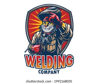 tiger with welding protector equipment vector illustration