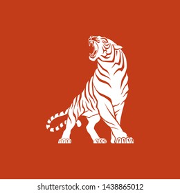 TIGER WHITE LOGO SIGN PICTOGRAM VECTOR ILLUSTRATION ON ORANGE BACKGROUND 