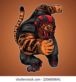 a tiger who became the mascot of American football complete with player clothes, and a body position that was running while keeping the ball in his hands.