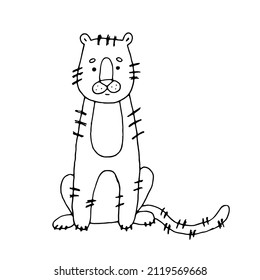 Tiger. Wild animal. Predator. Cat family. Vector hand-drawn illustration. Doodle. Sketch. Silhouette. Black and white. Contour. Coloring