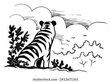 Tiger in the wild. Big cat. Strong animal predator. Striped skin. Fauna and zoo. Vector black and white illustration. Sketch hand drawn