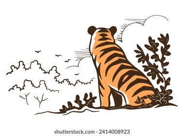 Tiger in the wild. Big cat. Strong animal predator. Striped orange skin. Fauna and zoo. Vector illustration. Sketch hand drawn