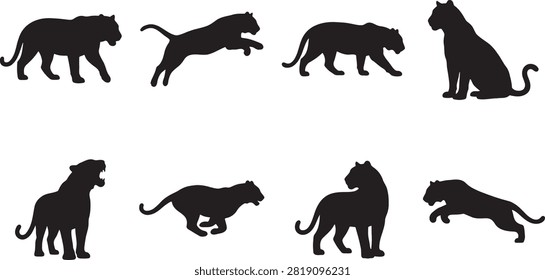 Tiger wild cat running jumping prowling animal silhouette collection