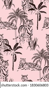 Tiger wild cat safari jungle pattern. Seamless design with palm trees, wild animals, nature plnats balack illustration. Hand-drawn doodle sketch