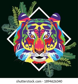 tiger wild life technicolor with leafs frame vector illustration design