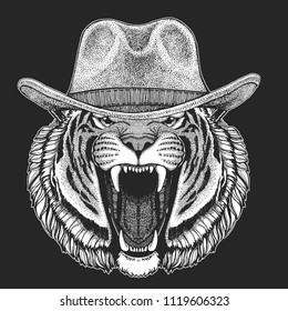 Tiger Wild west. Traditional american cowboy hat. Texas rodeo. Print for children, kids t-shirt. Image for emblem, badge, logo, patch.