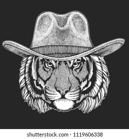 Tiger Wild west. Traditional american cowboy hat. Texas rodeo. Print for children, kids t-shirt. Image for emblem, badge, logo, patch.