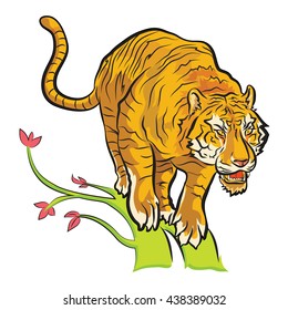 tiger will jump from tree to find food colorful cartoon vector