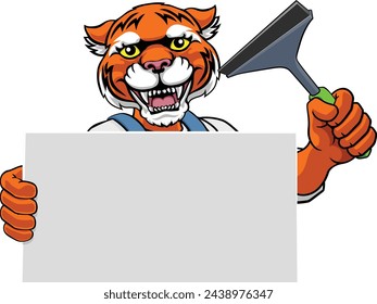 A tiger window cleaner or car wash cleaning cartoon mascot man holding a squeegee washing tool