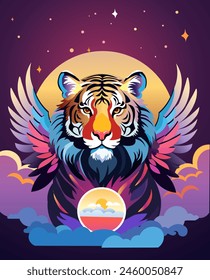 Tigre con alas en las nubes en el cielo azul