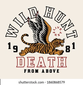 Tiger with Wings Illustration with A Slogan Artwork on White Background for Apparel or Other Uses