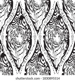 Tiger in Wood seal tribal illustration doodle drawing motif seamless pattern vector with white background 