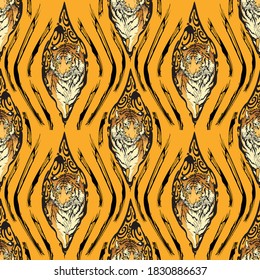 Tiger in Wooden eyes and tiger texture illustration doodle drawing for digital  printing seamless pattern vector with yellow background