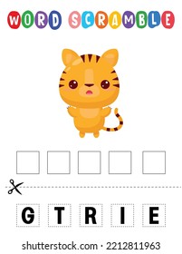 Tiger Word scramble . Educational game for kids. English language spelling worksheet for preschool children