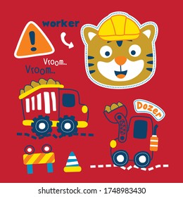 Tiger In The Work Zone Funny Animal Cartoon, Vector Illustration