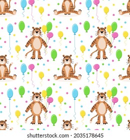 Tiger year seamless pattern with birthday air balloons in bright colors for wrapping, textile print, packaging, greeting cards, invitation and chinese new year. Vector flat illustration