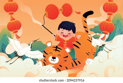 Tiger year spring festival national tide illustration chinese style child riding tiger festival poster