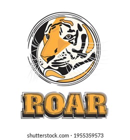 Tiger with yellow black printed skin vector illustration logo with dummy text on white background. Partial and cropped close face view.