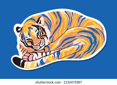 Tiger with yellow and blue stripes as the flag of Ukraine. Flat illustration.