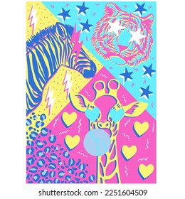 Tiger, zebra, giraffe - vector hand drawn art with preppy aesthetic style