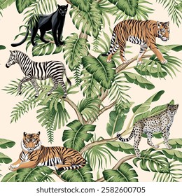 Tiger, zebra, leopard, panther animal, banana tree, tropical palm leaf floral seamless pattern. Exotic botanical jungle wallpaper.