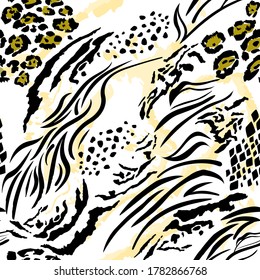 tiger zebra leopard snake animal skin on seamless endless pattern. white orange watercolor background. Fashionable original template for printing on fabric, wallpaper, paper, cover.