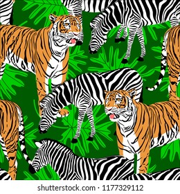Tiger and zebra seamless pattern with leave. Wild animals background texture. Illustration.
