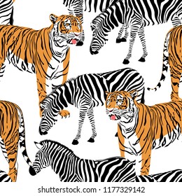 Tiger and zebra seamless pattern. Wild animals background texture. Illustration.