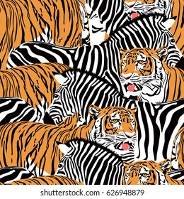 Tiger and zebra seamless pattern. Wild life animals background texture. Illustration.
