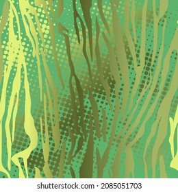 Tigre y cebra rayas sin costura en vector. Patrón dorado sobre fondo verde 
