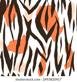 Tiger and zebra skin pattern with black stripes and orange spots. Vector seamless background