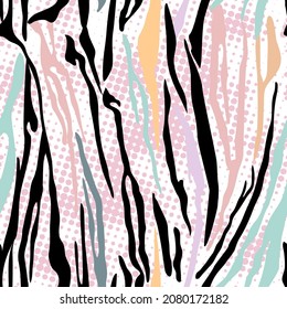 Tiger and zebra stripes vector seamless pattern. Multicolored stripes of wild animals with small round beads background. The idea for a fabric, a patch on clothes, an element of design in the interior