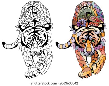 Tiger zentangle styled for t-shirt design, tattoo and other decorations. Color and outline set.