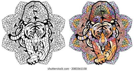 Tiger zentangle stylized with mandala, vector, illustration, hand drawn. Print for t-shirts and coloring books.