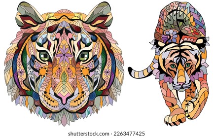 Tiger zentangle stylized, vector, illustration, hand drawn. Print for t-shirts and decoration.