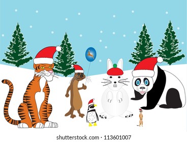 A Tiger,Otter,Penguin and a Meerkat in Santa Hats with a Snow Rabbit and Snowy Background with Xmas Trees