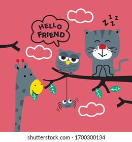 tiger,owl and giraffe is best friend funny animal cartoon,vector illustration