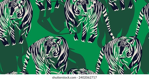 Tigers and abstract forms seamless pattern. Creative collage pattern. Fashionable template for design.
